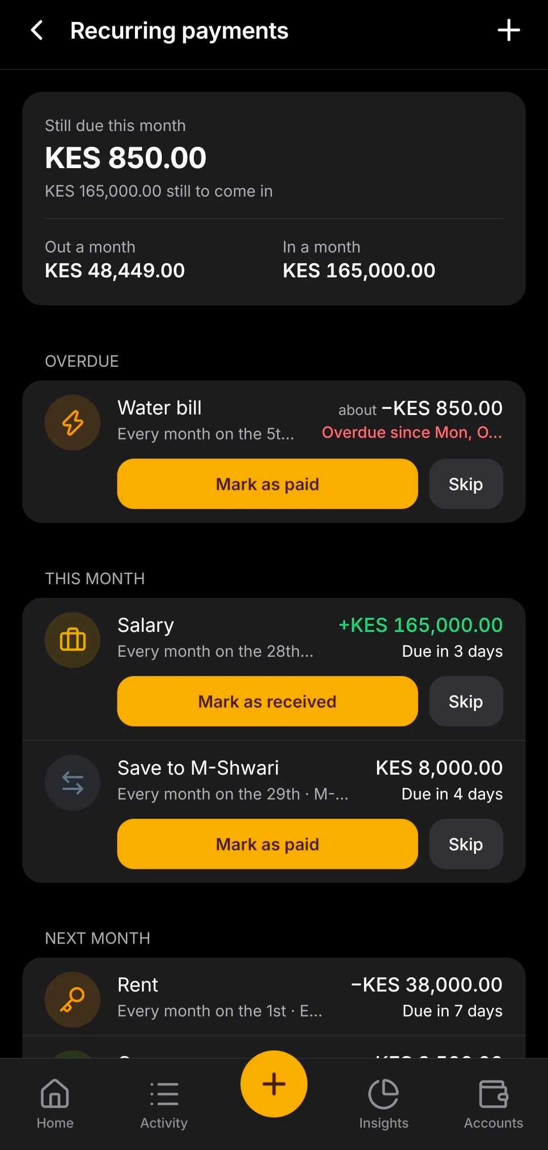 Aurel's Recurring payments with what's due